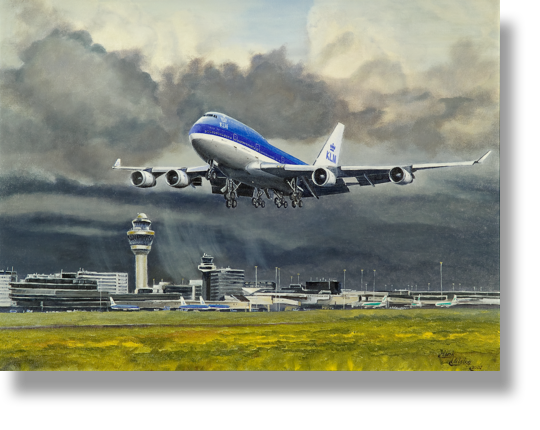 KLM 747 Schiphol
Oil on Canvasboard
ingelijst 80 x 60 cm € 630,00